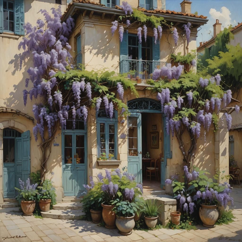 Parisian House Facade with Wisteria, Oil Painting