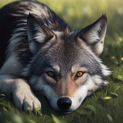 Wolf Lounging in Grassy Field: Wildlife Photography