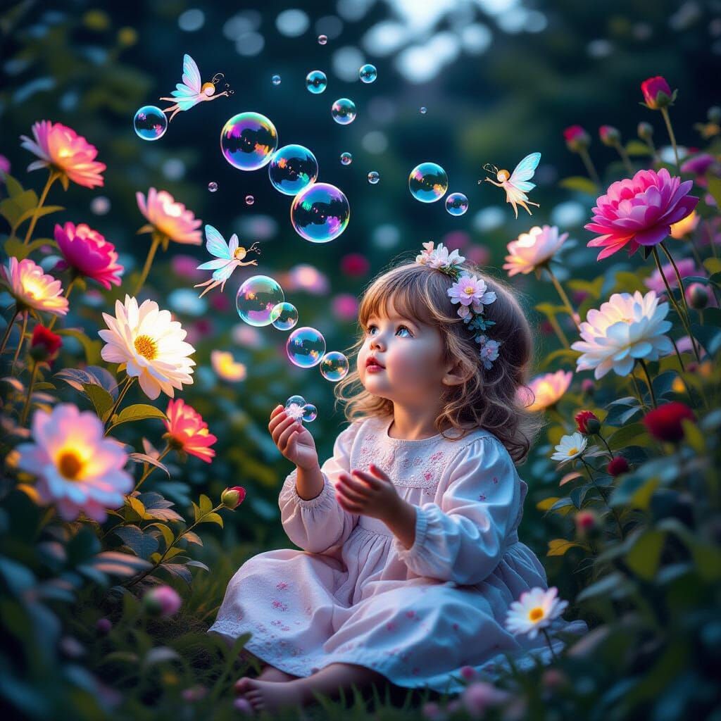 Magical Realism: Child with Fairies in Twilight Garden