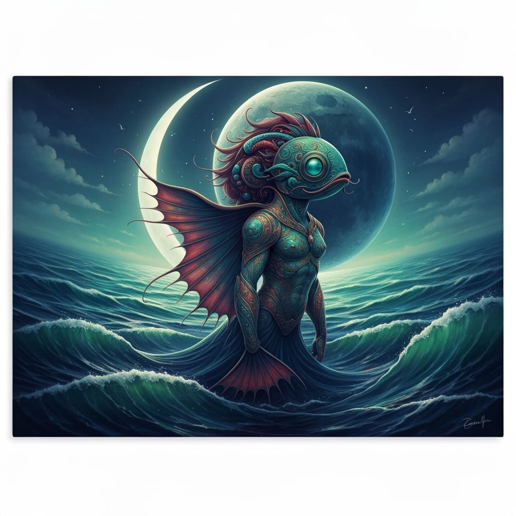Hyperrealistic Fishman in Dramatic Moonlight Ocean Scene