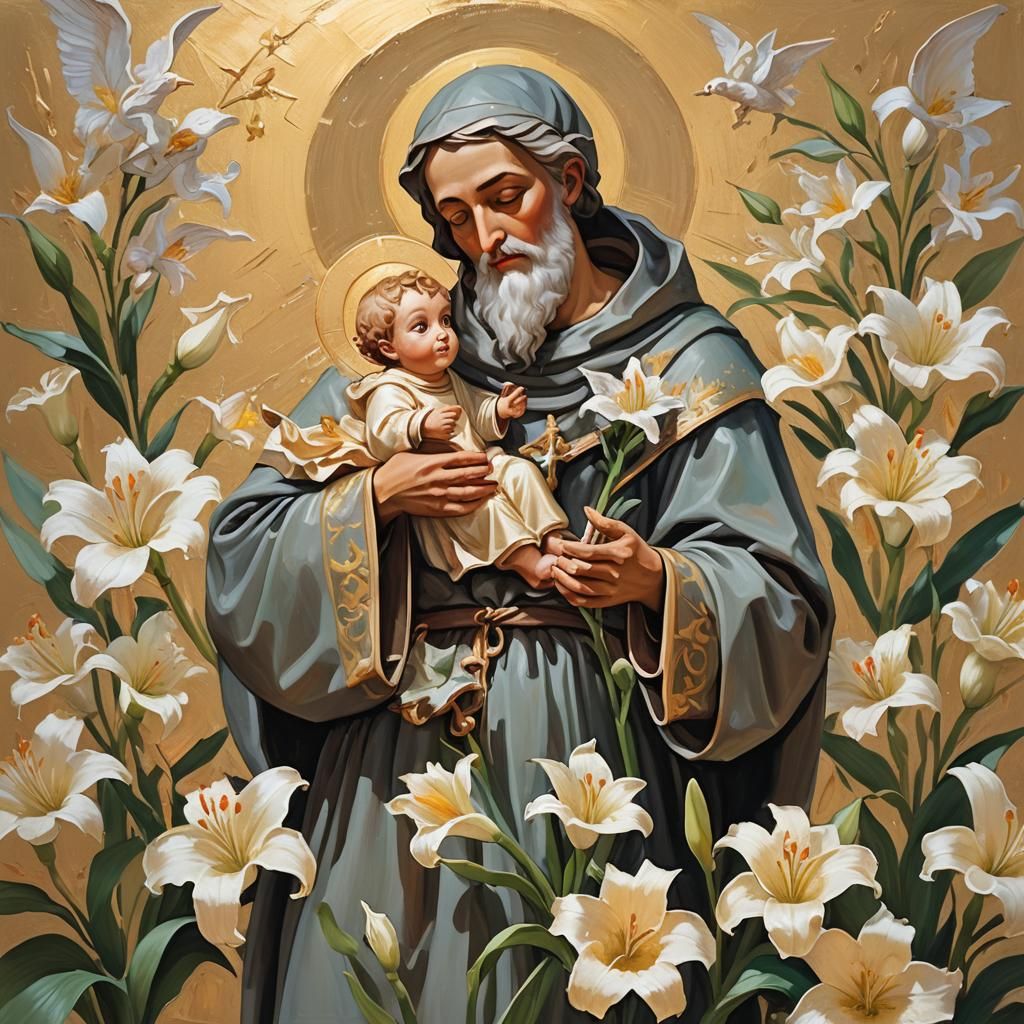 Saint Anthony with Lily Flower in Gouache Style