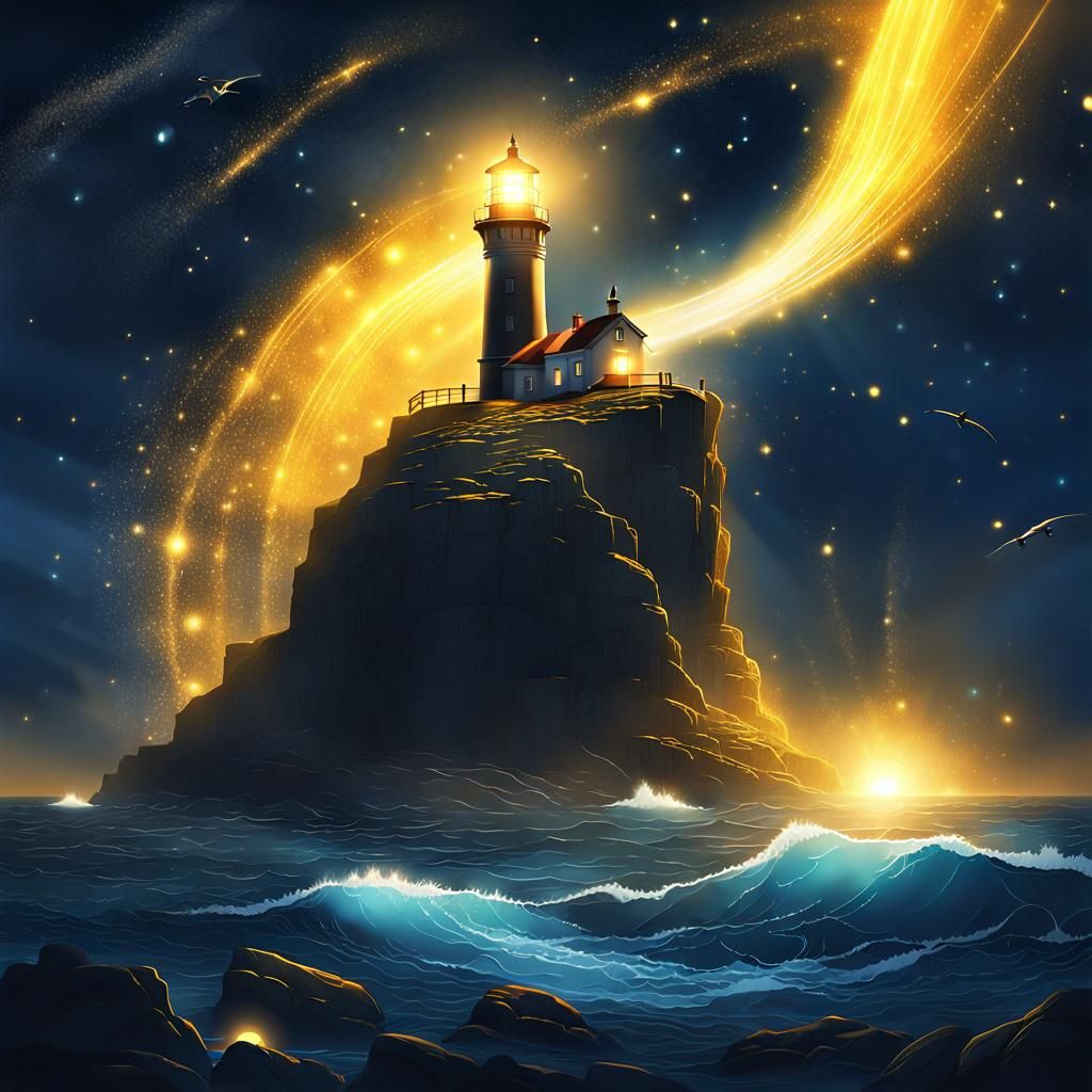 Cliffside Lighthouse Shines in Dreamy Fantasy Art