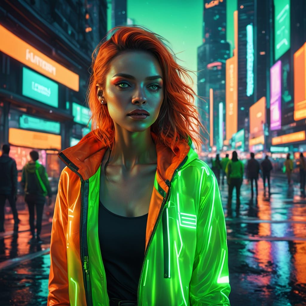 Neon Woman in Futuristic Cityscape: Digital Art
