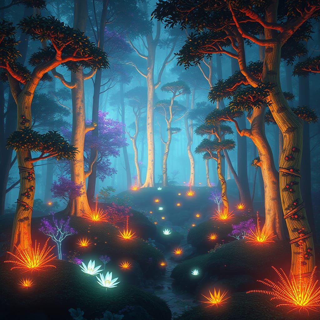 Glowing Forest: Iridescent Flora in Digital Painting Style