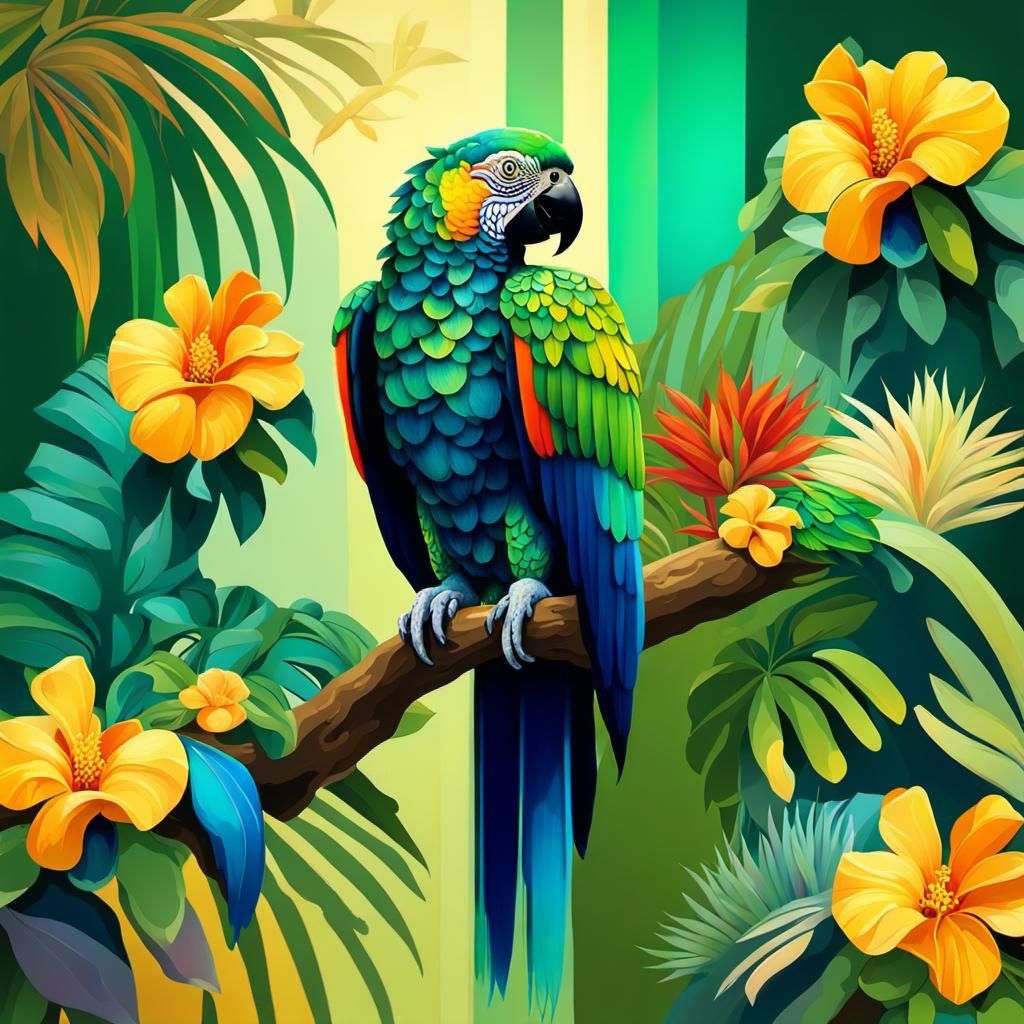 Ornate Parrot in Tropical Setting, Blended Realism