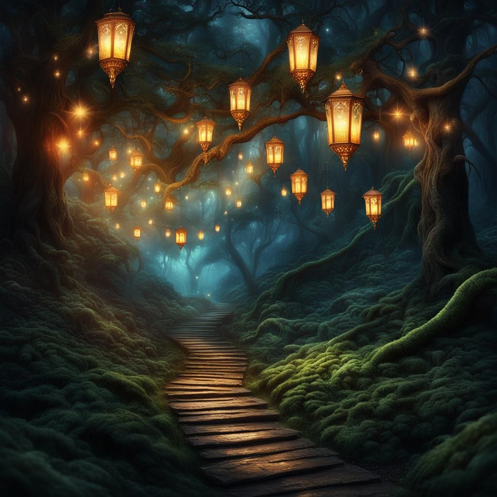 Mystical Forest with Lanterns and Fairy Lights