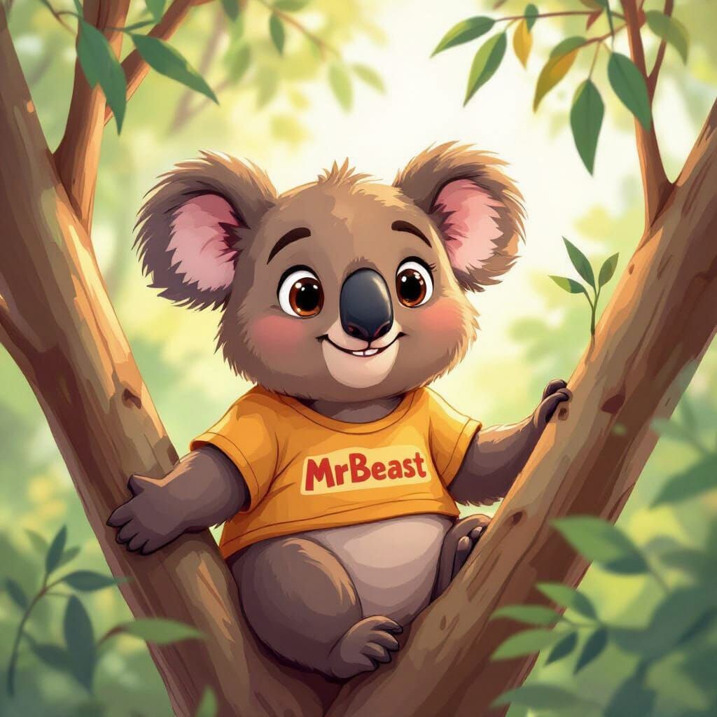 Playful Koala in MrBeast Shirt in Cartoon Style