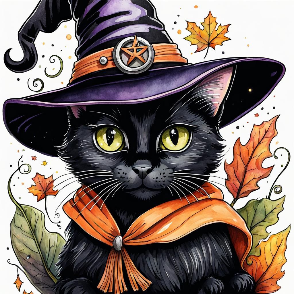 Cute Black Cat in Witch Costume Digital Art