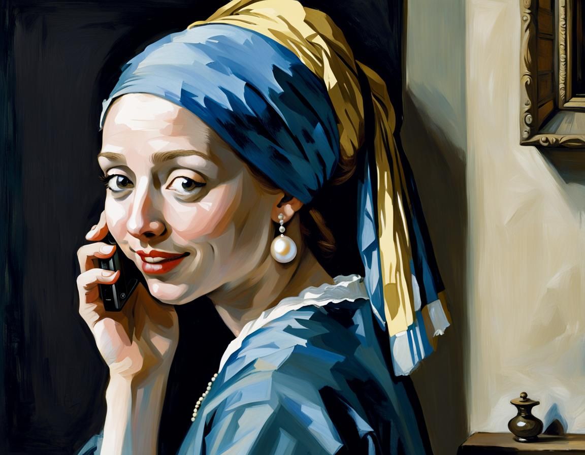 Girl with a Pearl Earring Using Mobile Phone