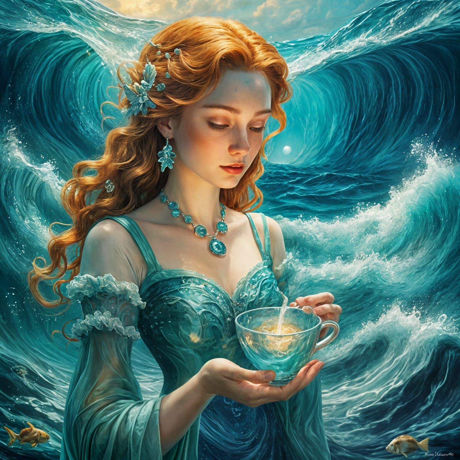 Surreal Ocean in Cup: Double Exposure 3D Rendering