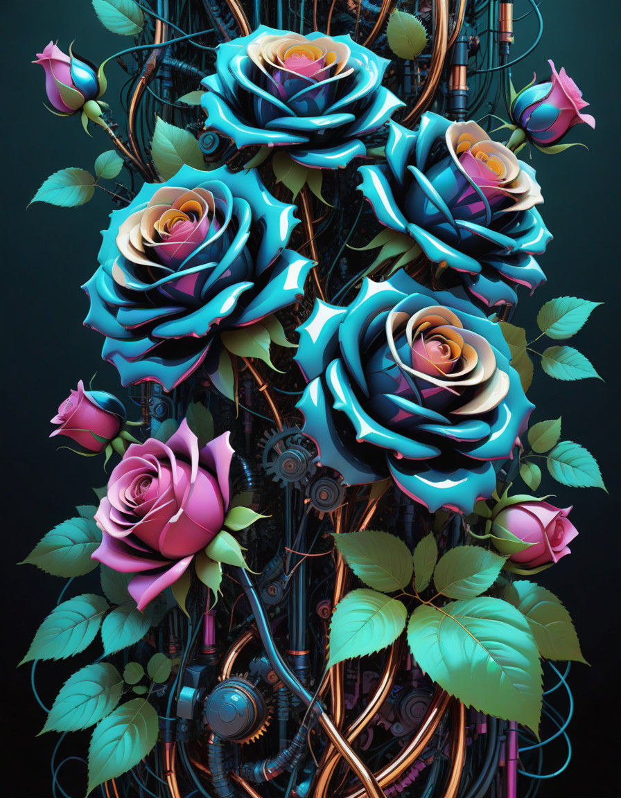 Dark Baroque Digital Art of Biomechanical Roses