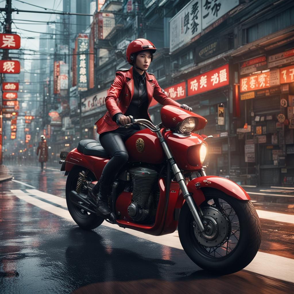 Latex Woman on Motorbike in Tokyo: Detailed Digital Art