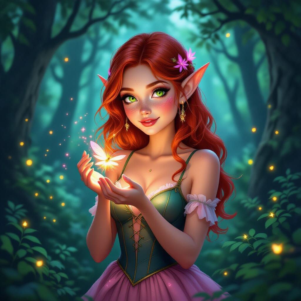 Enchanted Elf Holds Glowing Firefly in Magical Forest