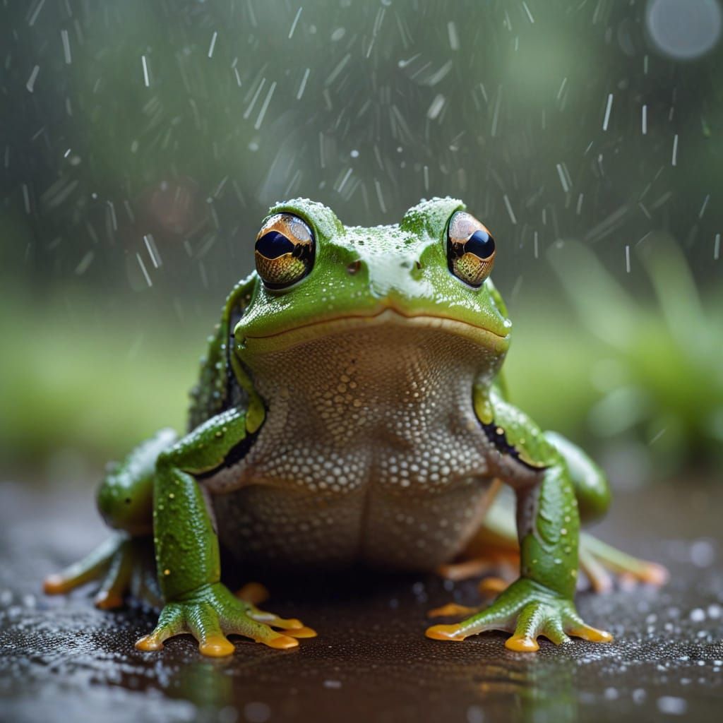 Humorous Frog Portrait in Heavy Rain