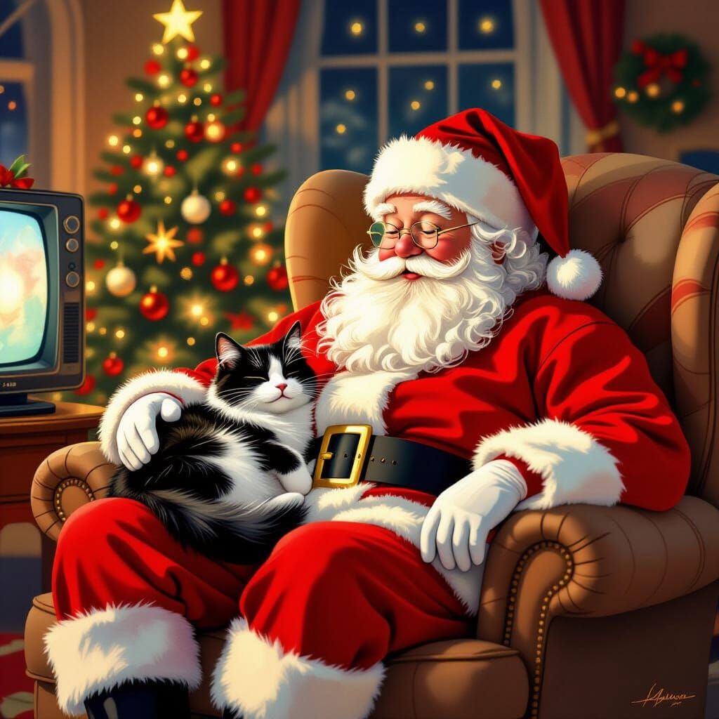 Fluffy Cat Sleeps in Santa's Lap Watching TV