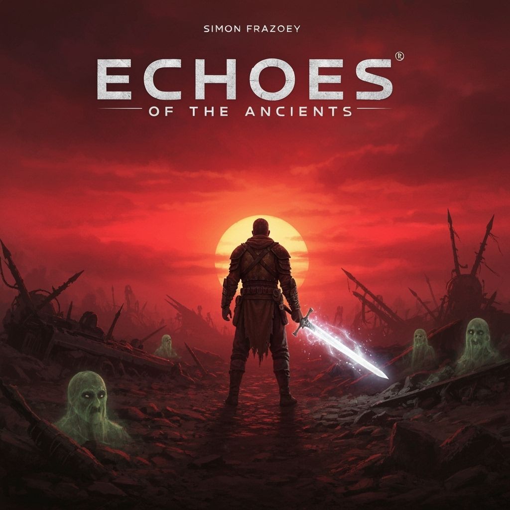 Warrior Silhouetted Against Crimson Sunset in Fantasy Style