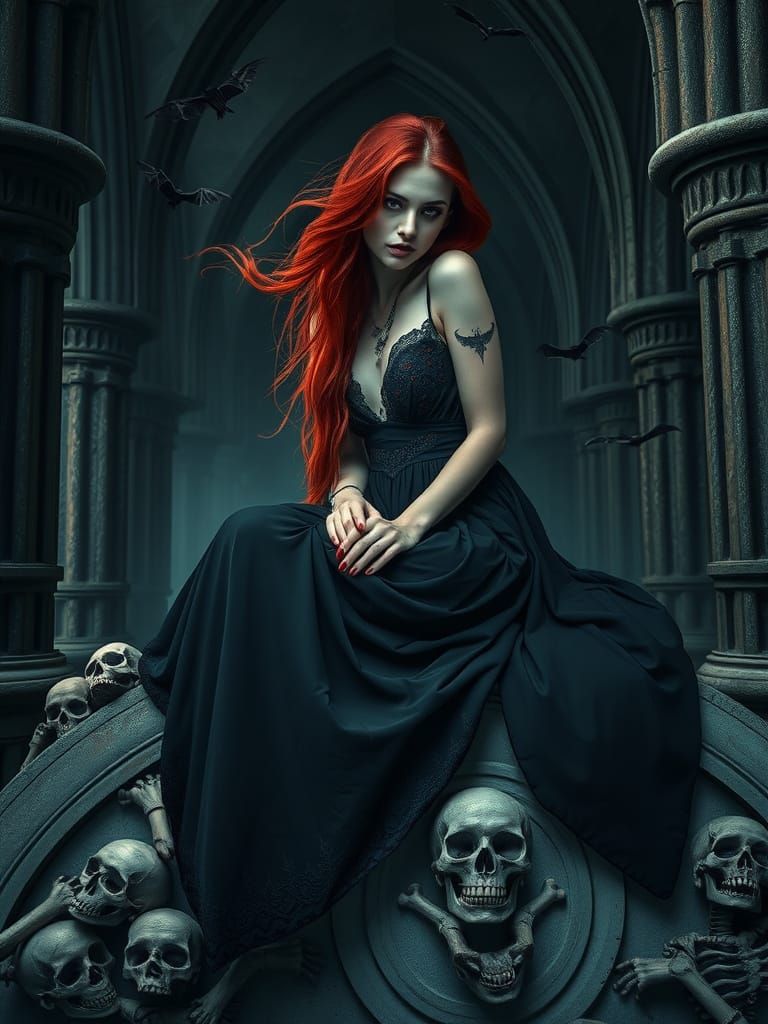 Gothic Vampire Woman on Ancient Tomb
