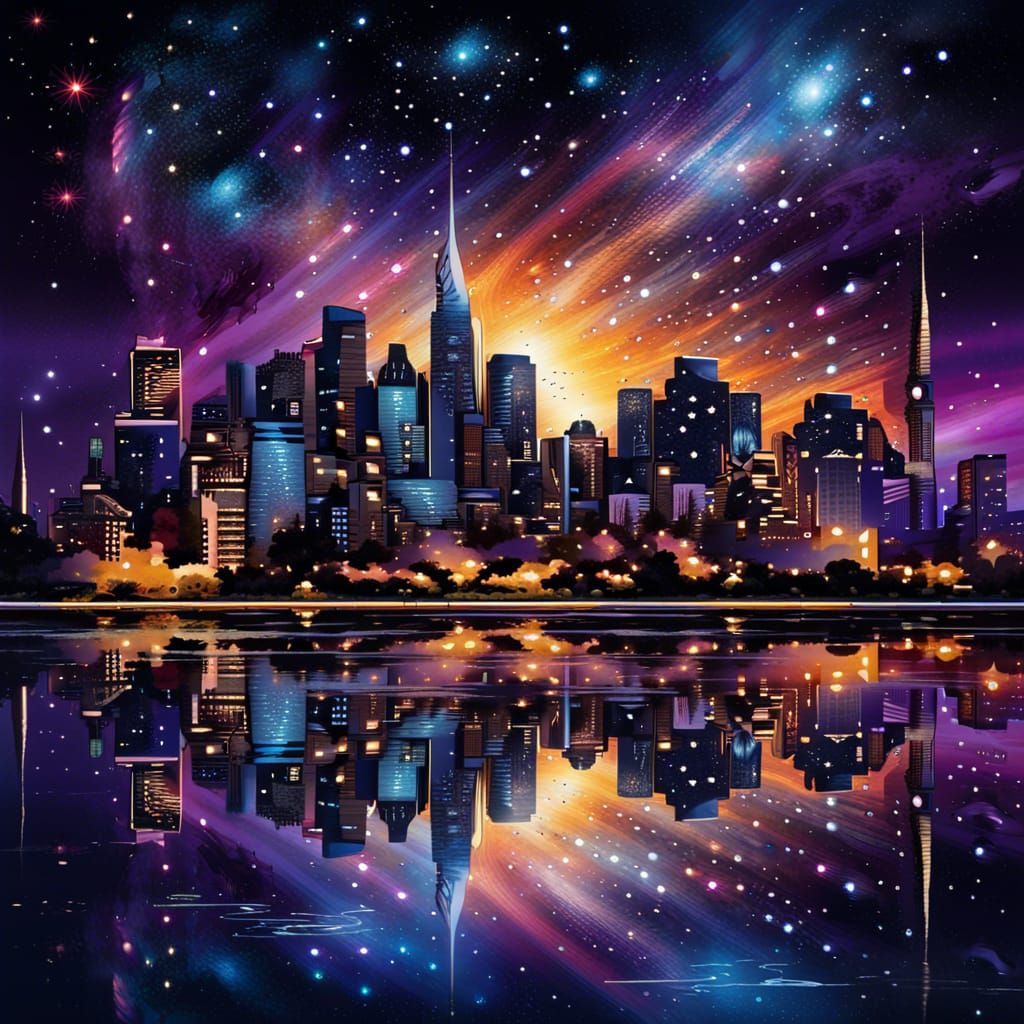 Epic City Skyline at Night with Starry Reflection