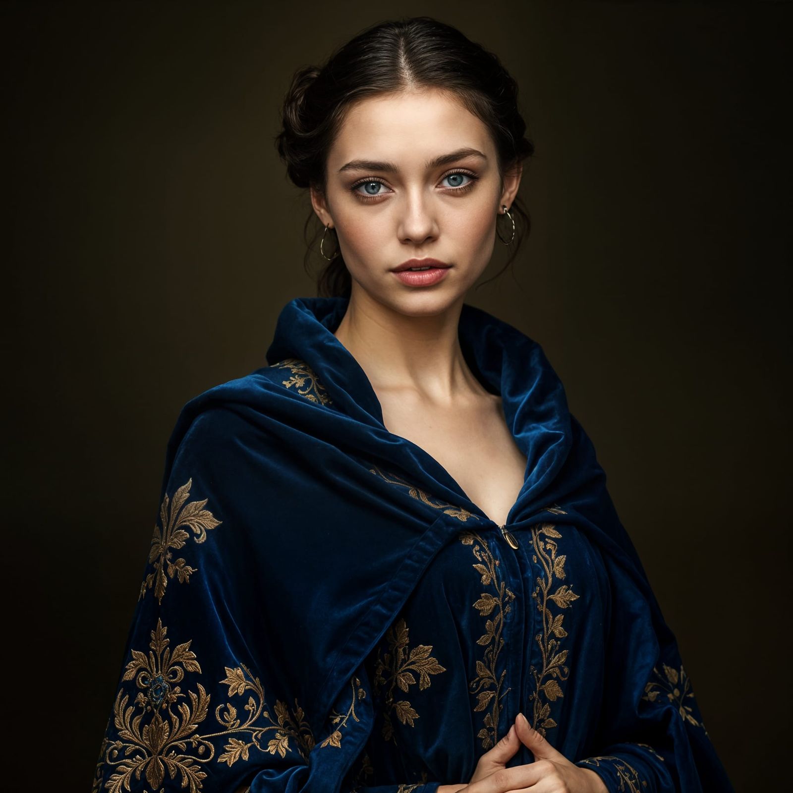 Portrait of Young Woman in Blue Cloak