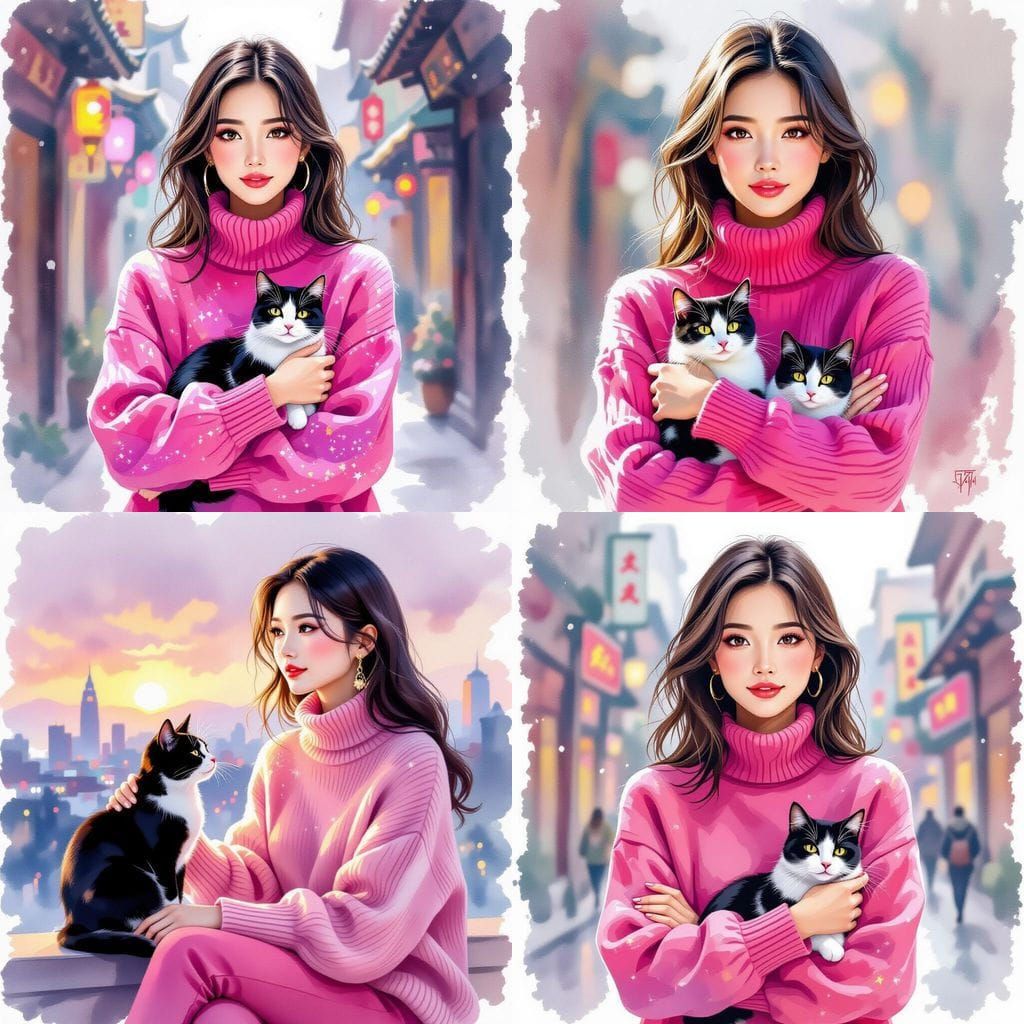 Modern Chinese Woman Hugging Kitten: Watercolor