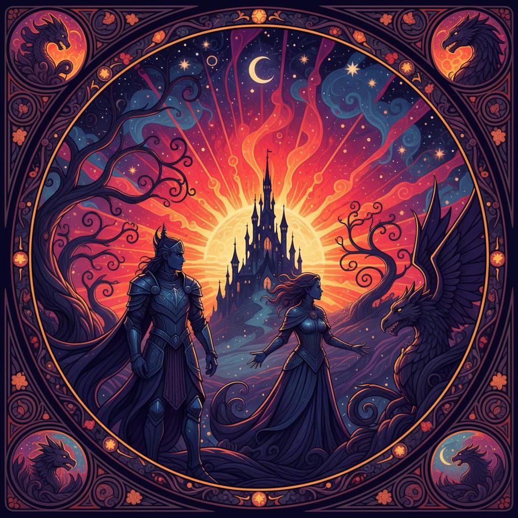 Ethereal Sunset Fantasy Art with Silhouetted Figures