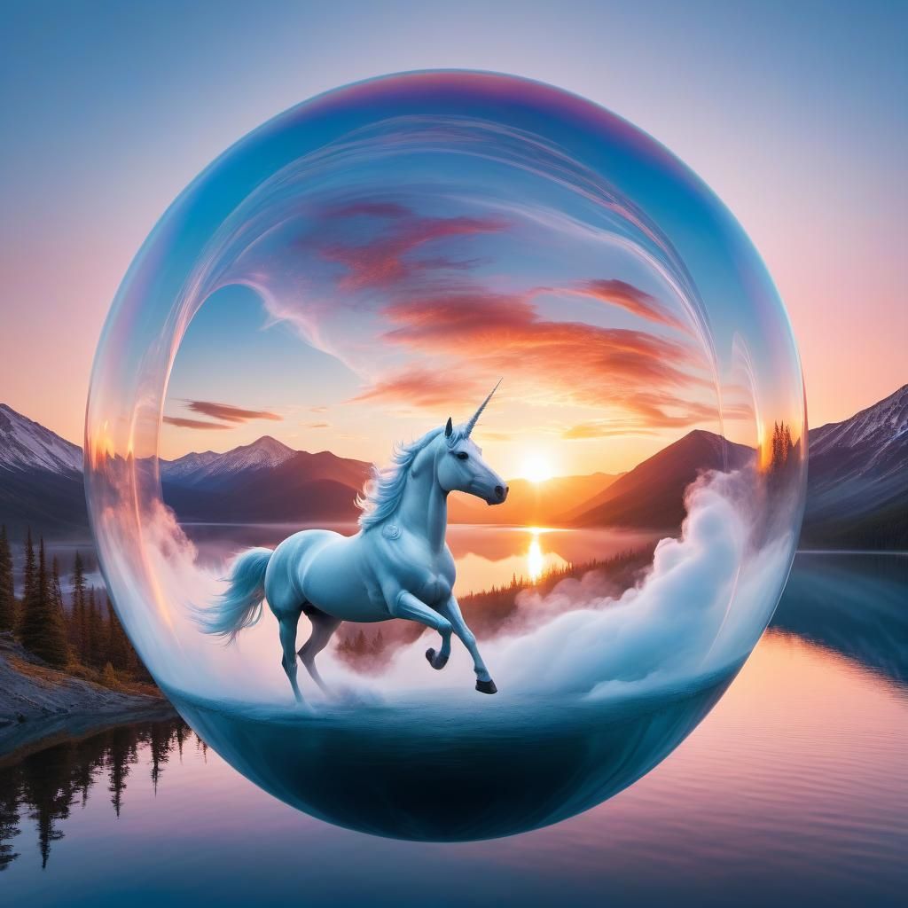 Ethereal Unicorn in Bubble at Sunset
