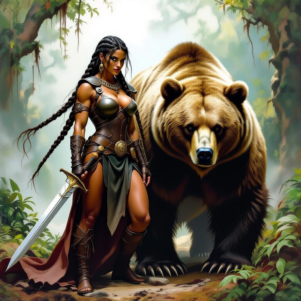 Amazon Warrior and Bear Companion in Lush, Earthy Landscape