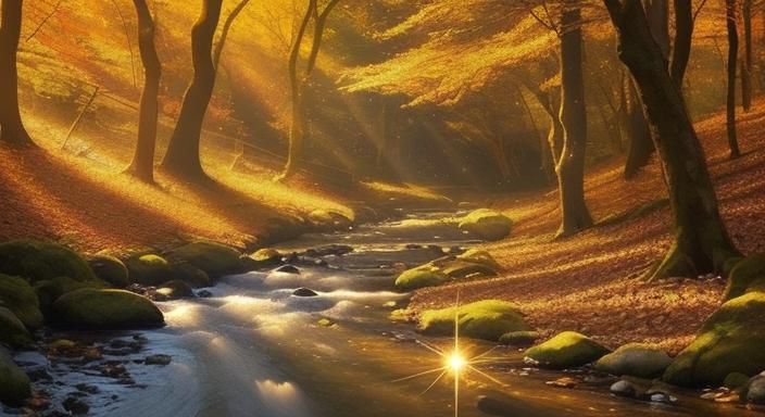 Enchanted Forest Stream with Glittering Sunrays