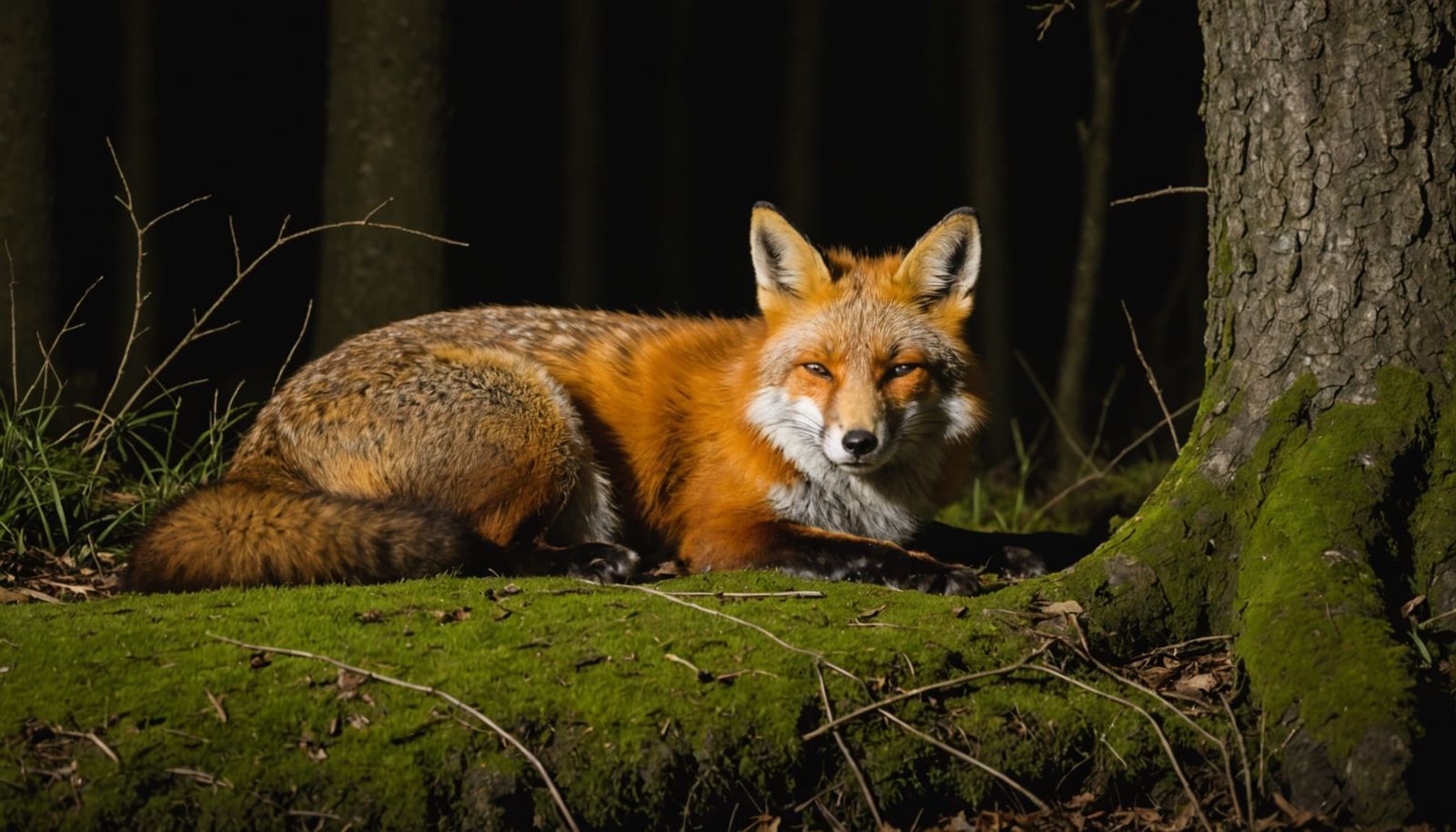 Peaceful Fox Sleeping in Moonlit Woodland Night