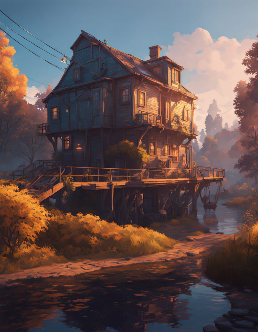 Fantasy Water Mill Scene in Golden Hour