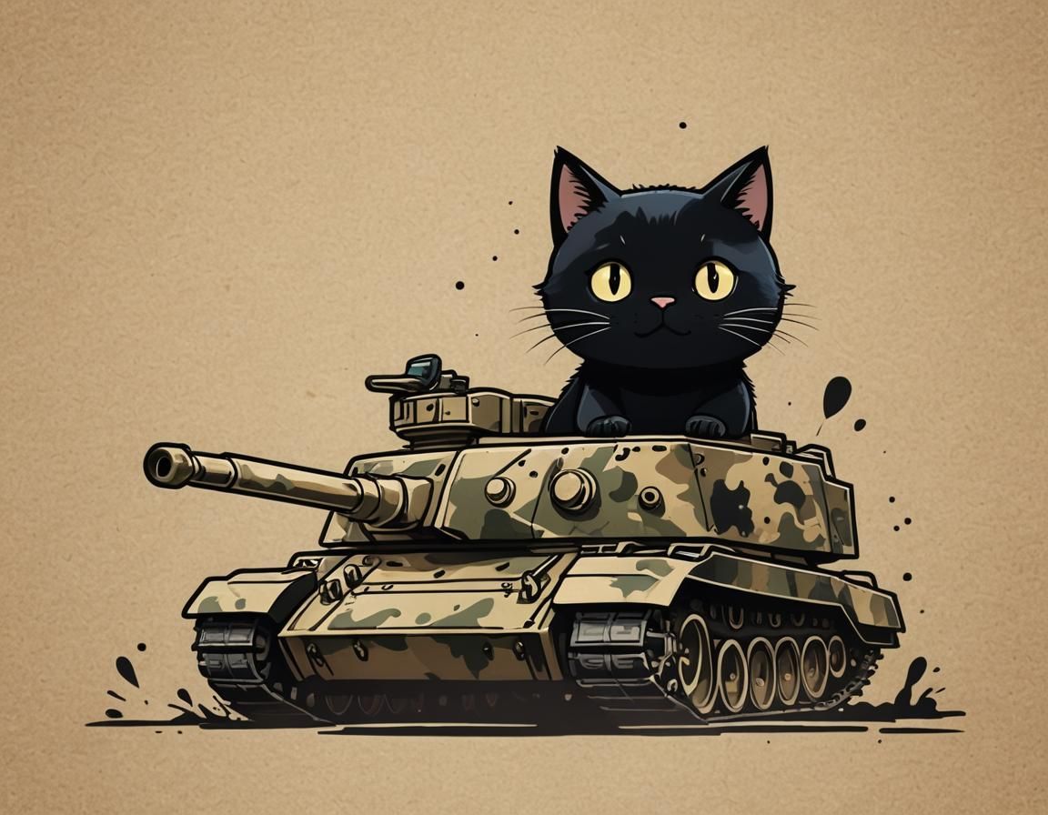 Black Cat Driving a Tank: Anime Illustration