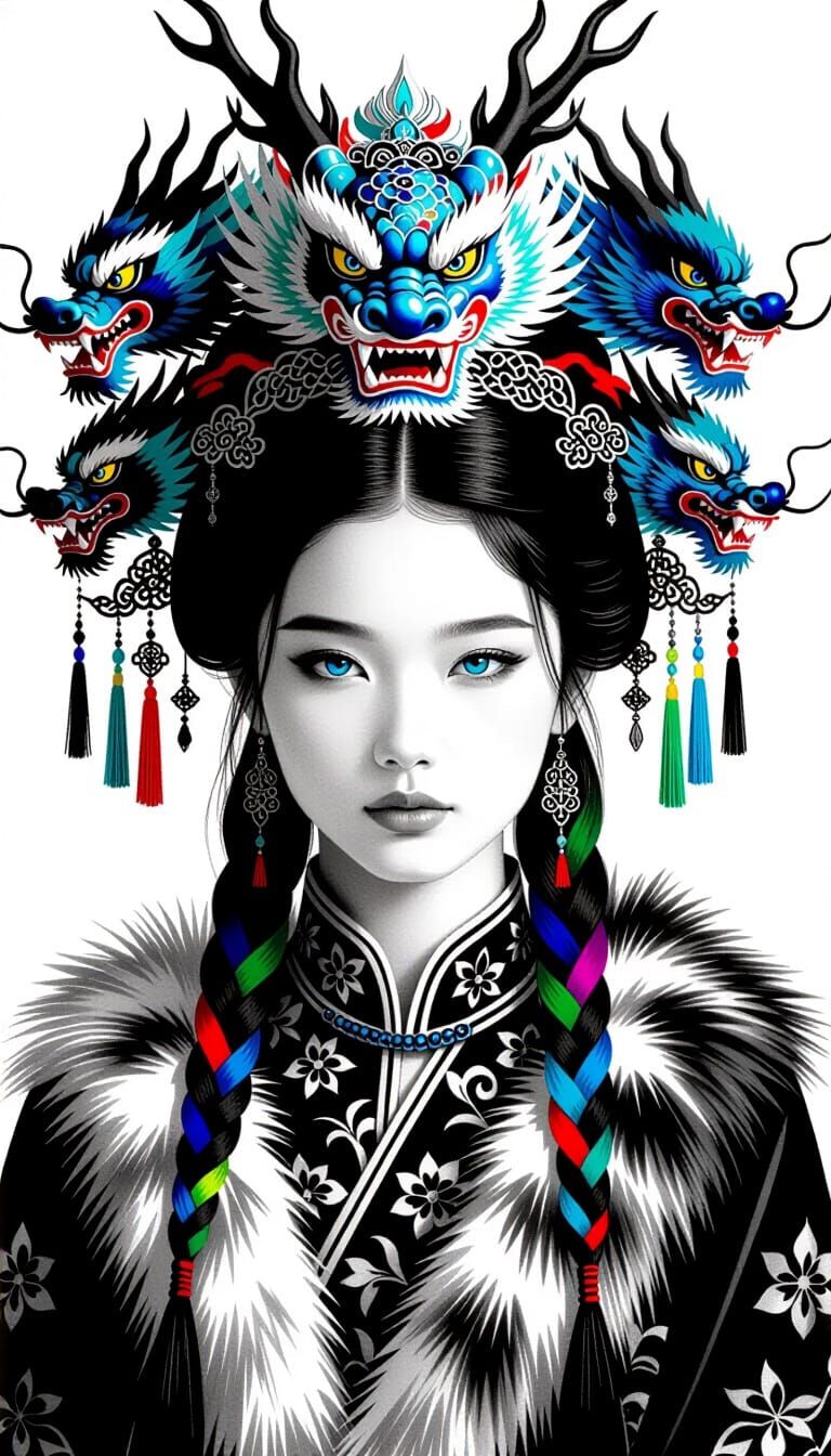 Charcoal Portrait of Woman with Dragon Headdress