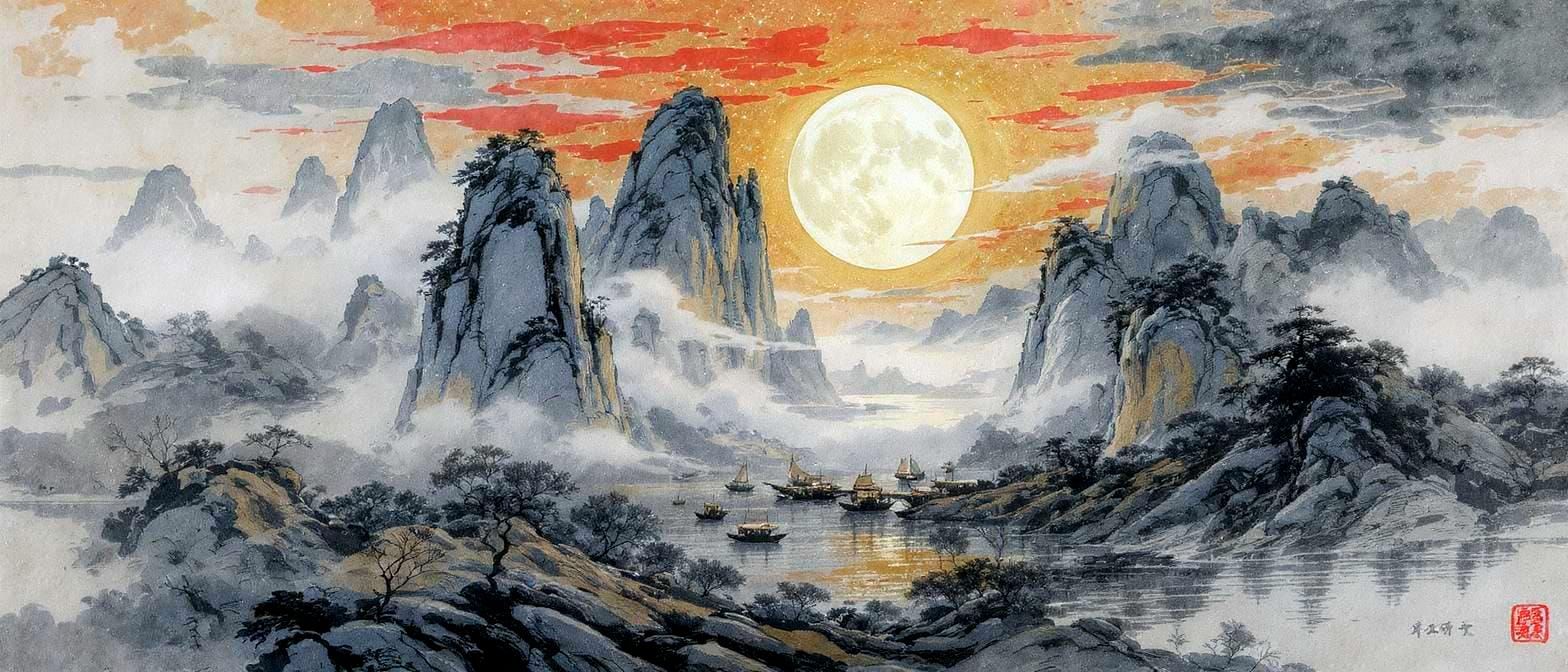 Misty Moonlit Chinese Landscape in Watercolor