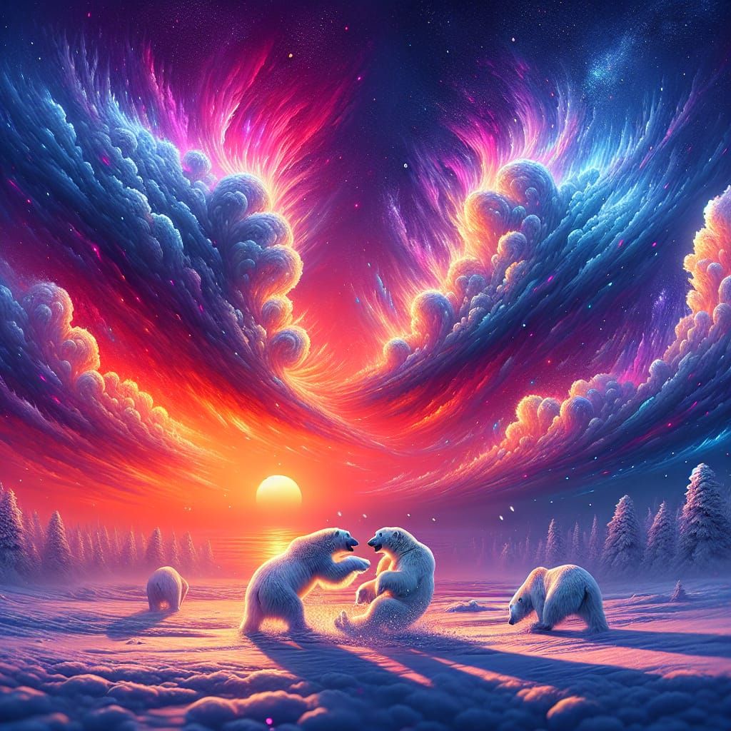 Magical Polar Bears Play in Vibrant Sunset Snowscape