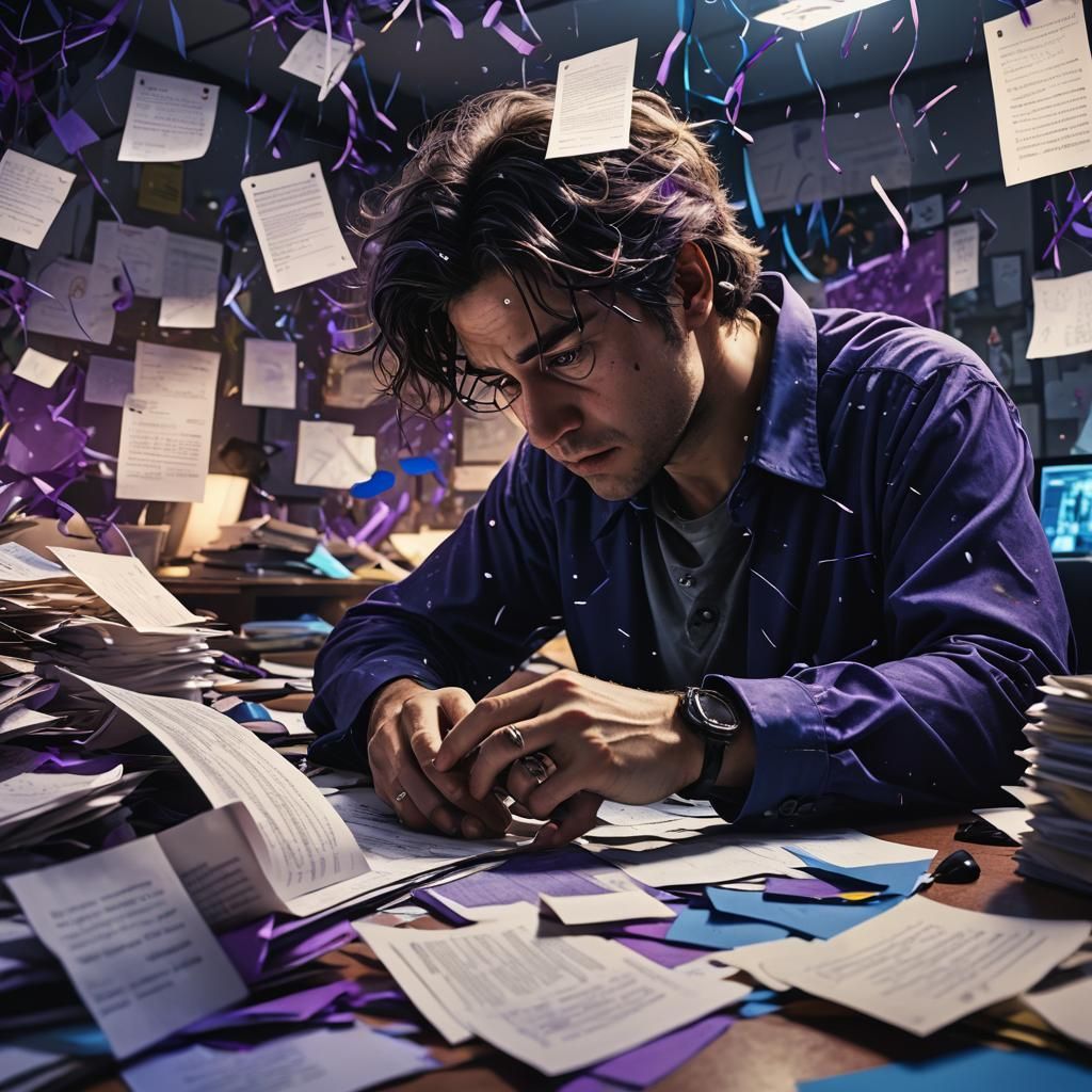 Worried Person in Dimly Lit Office, Matte Painting