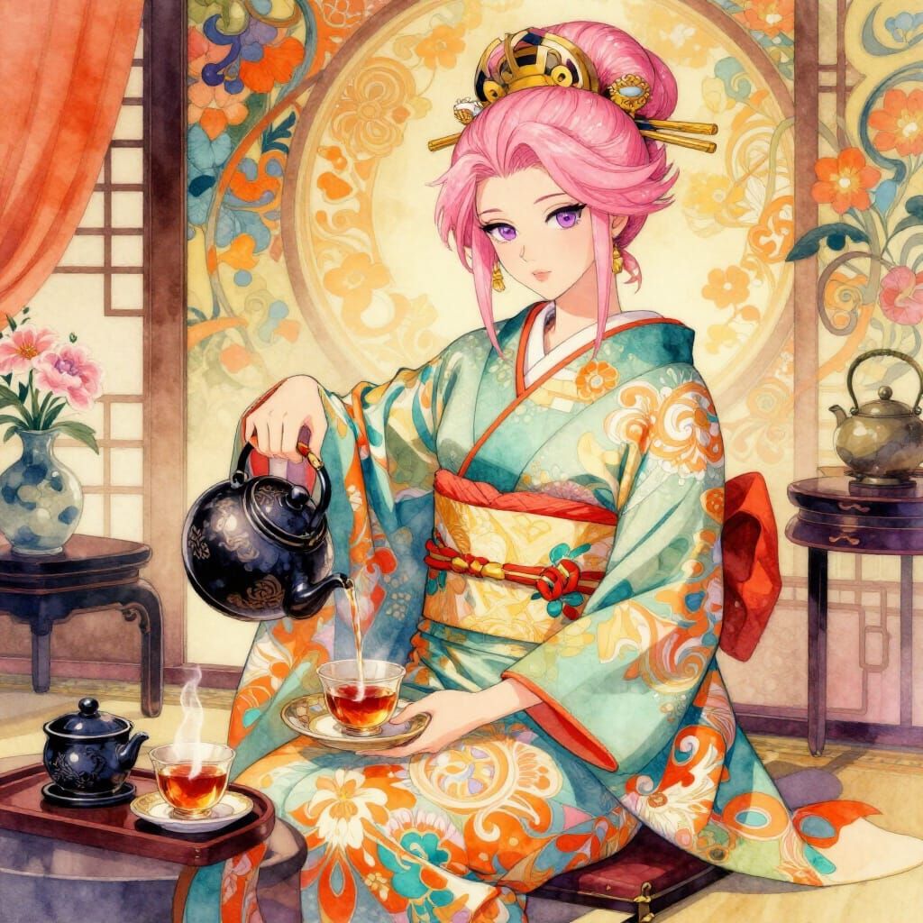Geisha Pouring Tea in Holiday Room, Watercolor Style
