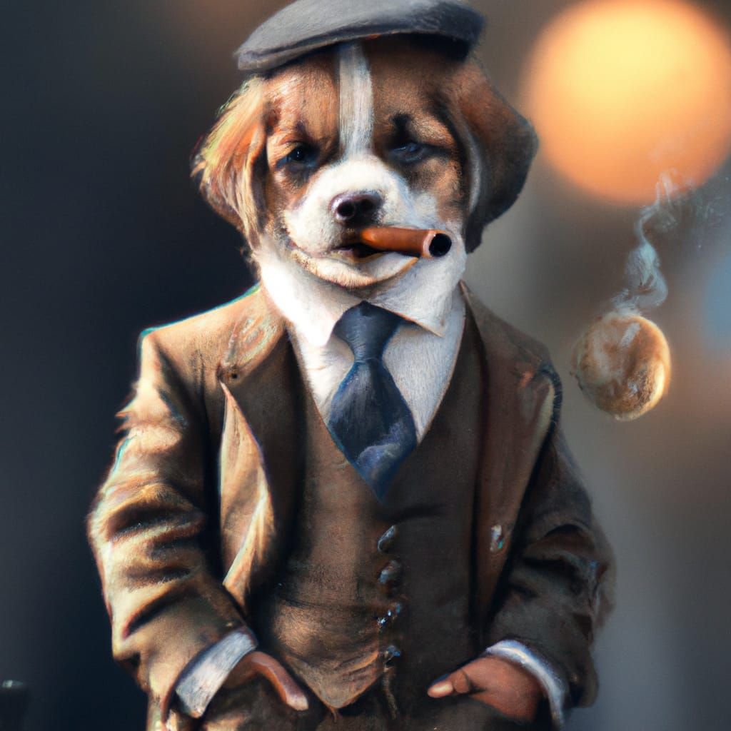 Puppy in Suit Smoking Cigar as Oil Painting