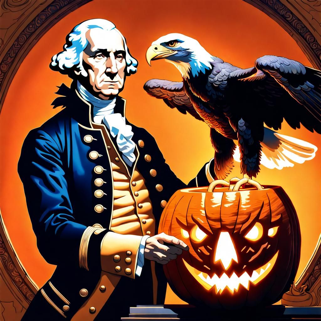 George Washington Carving a Jack-o'-Lantern, Digital Illustr...