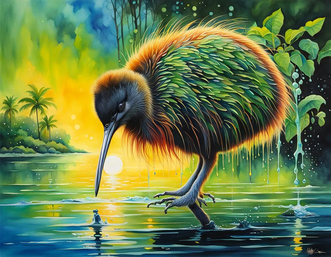 Kiwi Bird in Splashy Surrealist Watercolor