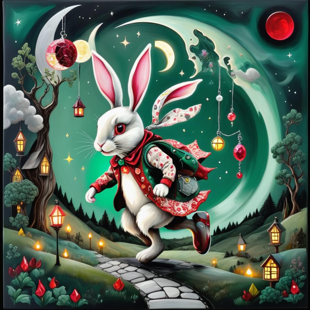 Anthropomorphic Rabbit Moonwalks in Surreal Dreamscape