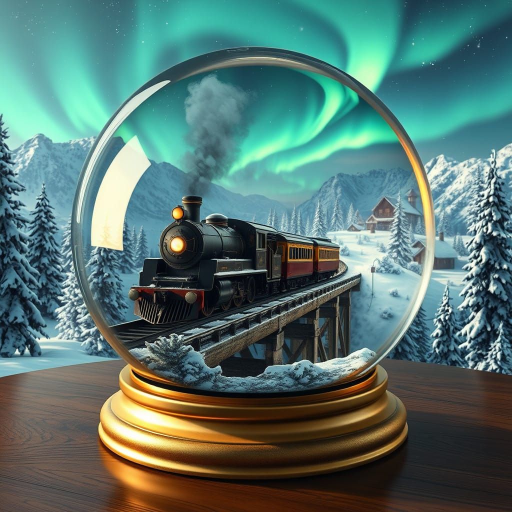 Surreal Winter Scene Inside Glittering Snow Globe with Train...