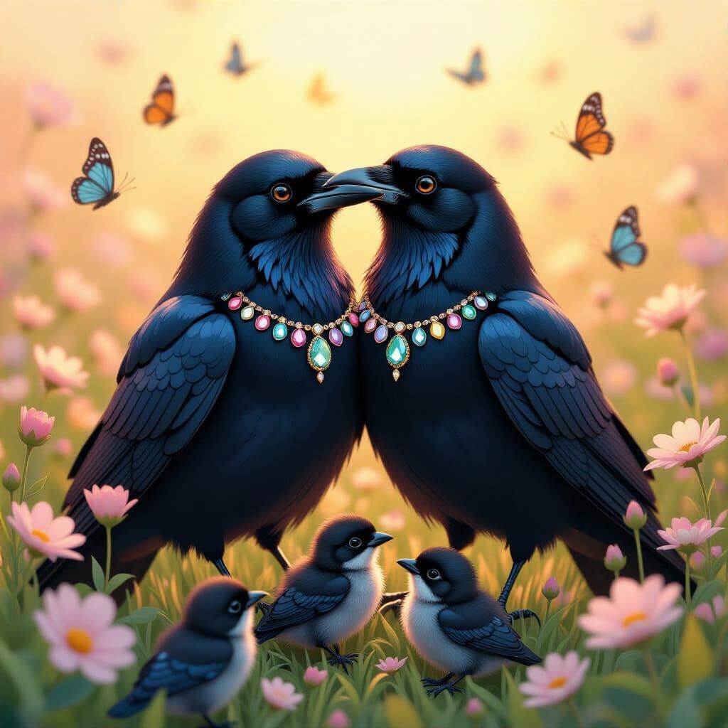 Crows Embrace in Mystical Pastel Meadow