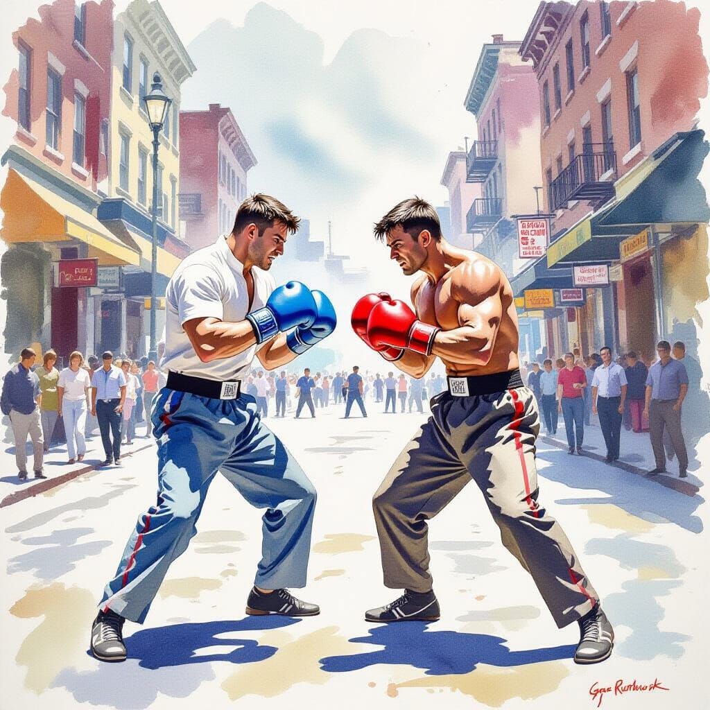 Street Boxing Match in Watercolor Style