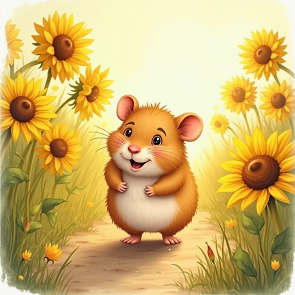 Plump Hamster in Sunflower Field, Children's Book Style