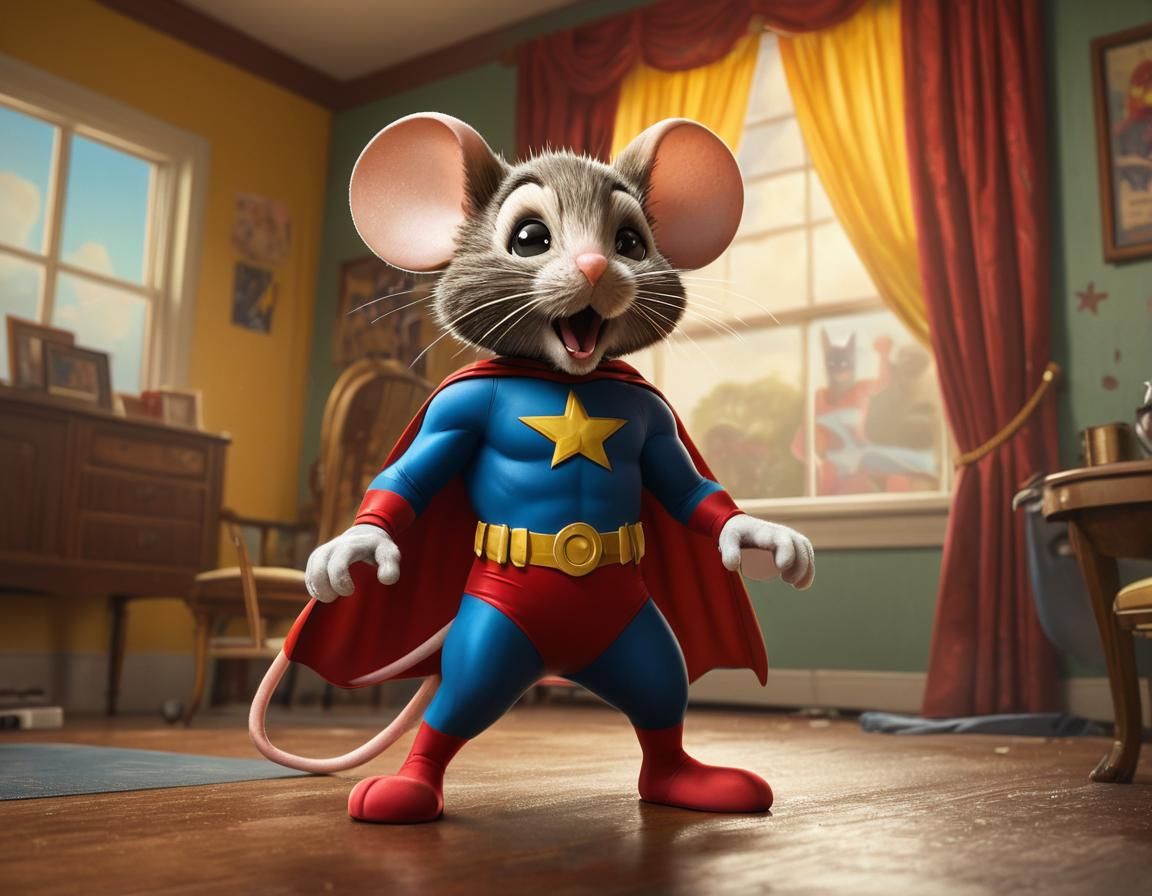 Superhero Mouse Confronts Cat in 1940s Parlor