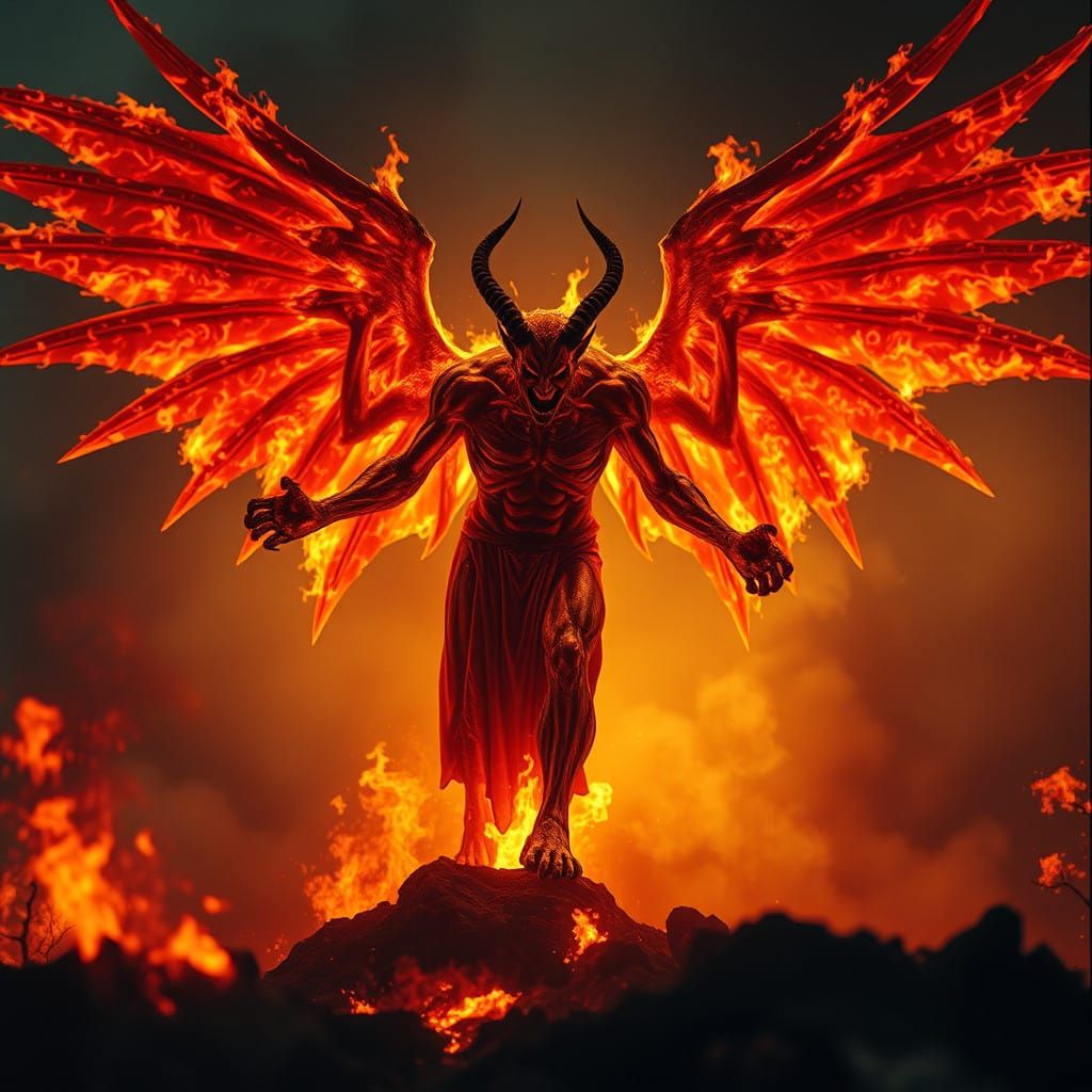 Epic Demonic Angel Embodied in Fiery Ruin