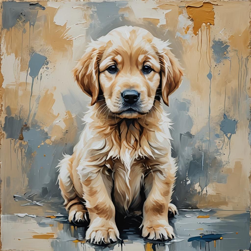Golden Retriever Puppy in Abstract Oil Painting