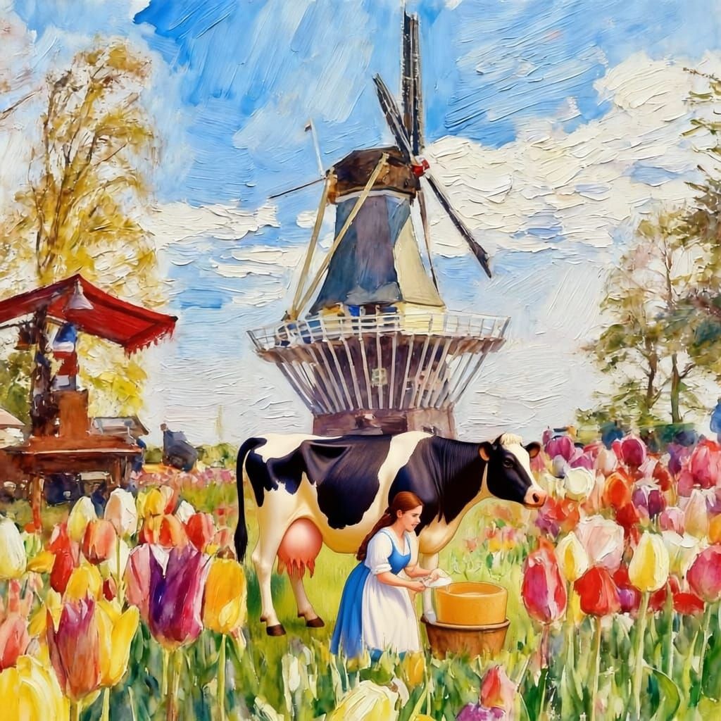 Milk Maiden Milking Cow Amidst Amsterdam Tulips