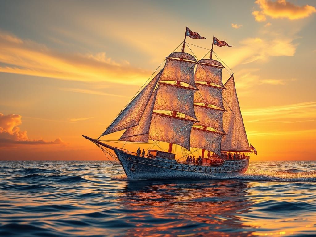 A fantastical whimsical image of a crystal sailing ship with...