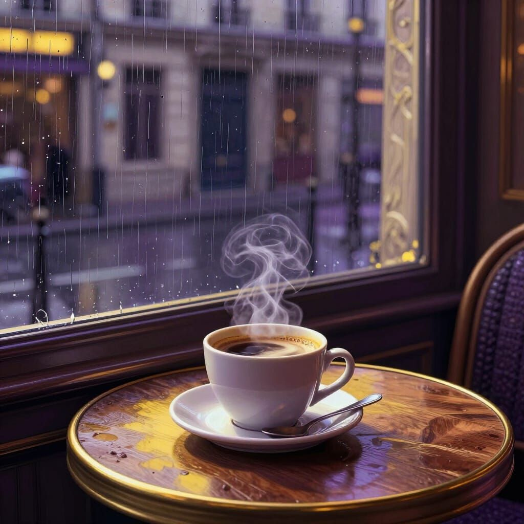 Steaming Coffee in Rainy Paris Cafe